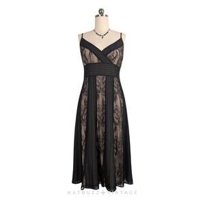 Lace Midi Dress 12 Black Tan Y2K Babydoll Illusion Glam Classic Guest Cocktail